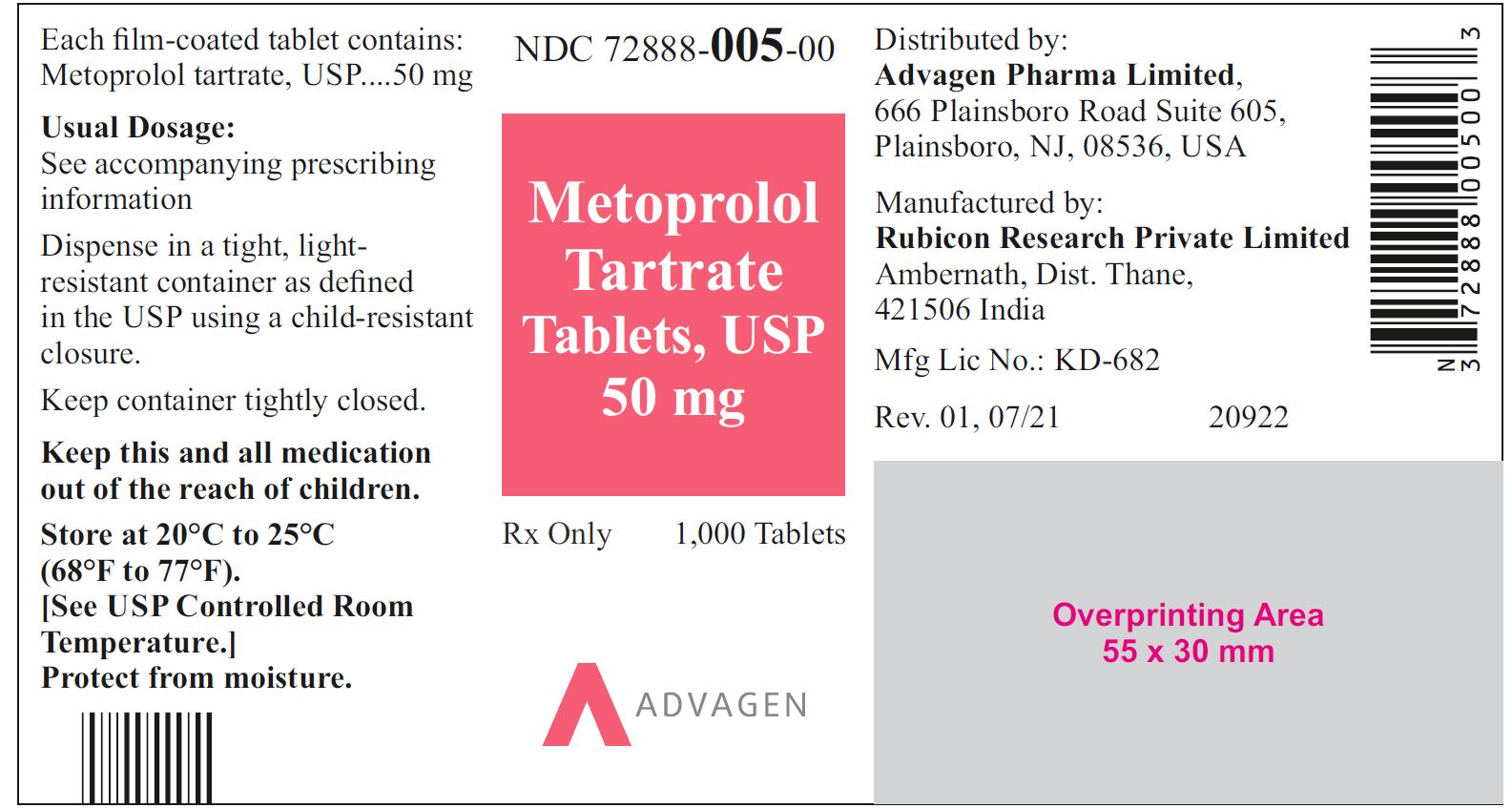 NDC: <a href=/NDC/72888-005-00>72888-005-00</a> - Metoprolol Tartrate Tablets, USP 50 mg - 1000 Tablets