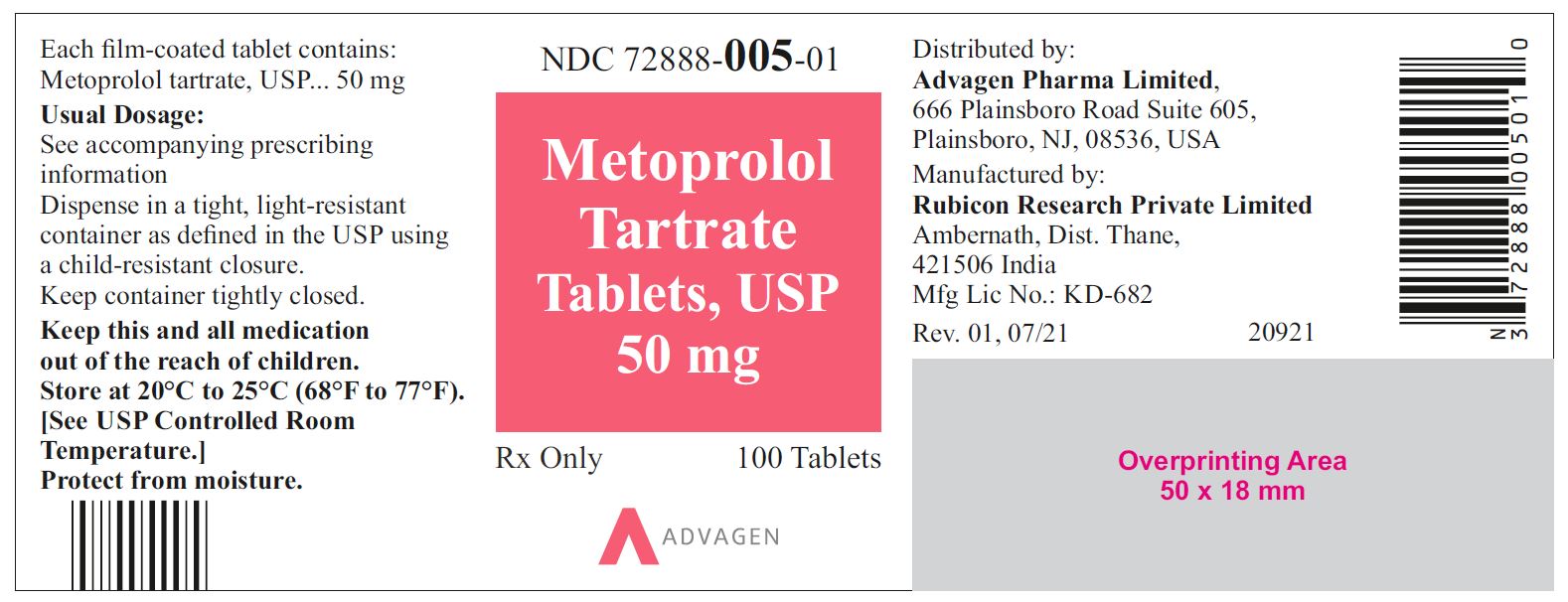 NDC: <a href=/NDC/72888-005-01>72888-005-01</a> - Metoprolol Tartrate Tablets, USP 50 mg - 100 Tablets
