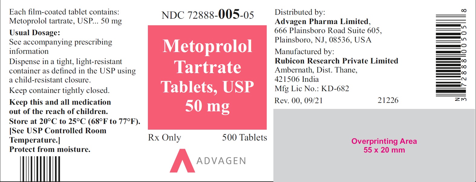 NDC: <a href=/NDC/72888-005-05>72888-005-05</a> - Metoprolol Tartrate Tablets, USP 50 mg - 500 Tablets