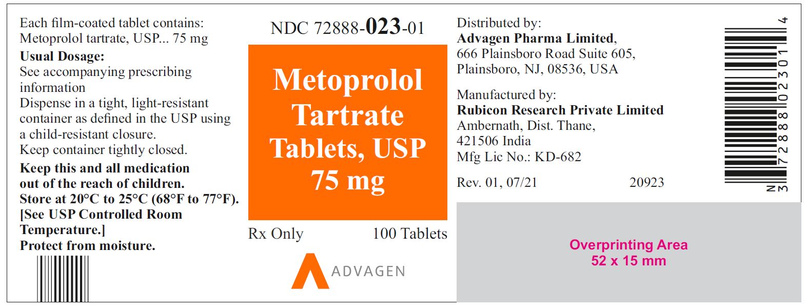 NDC: <a href=/NDC/72888-023-01>72888-023-01</a> - Metoprolol Tartrate Tablets, USP 75 mg - 100 Tablets