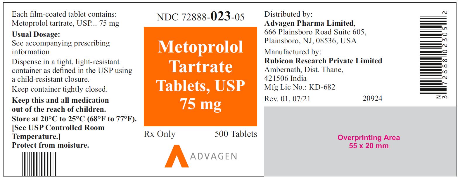 NDC: <a href=/NDC/72888-023-05>72888-023-05</a> - Metoprolol Tartrate Tablets, USP 75 mg - 500 Tablets