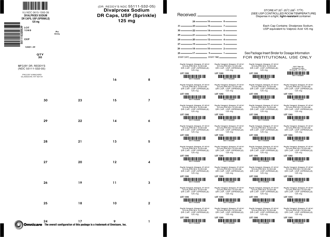 Divalproex Sodium Caps, USP 125mg bingo card label