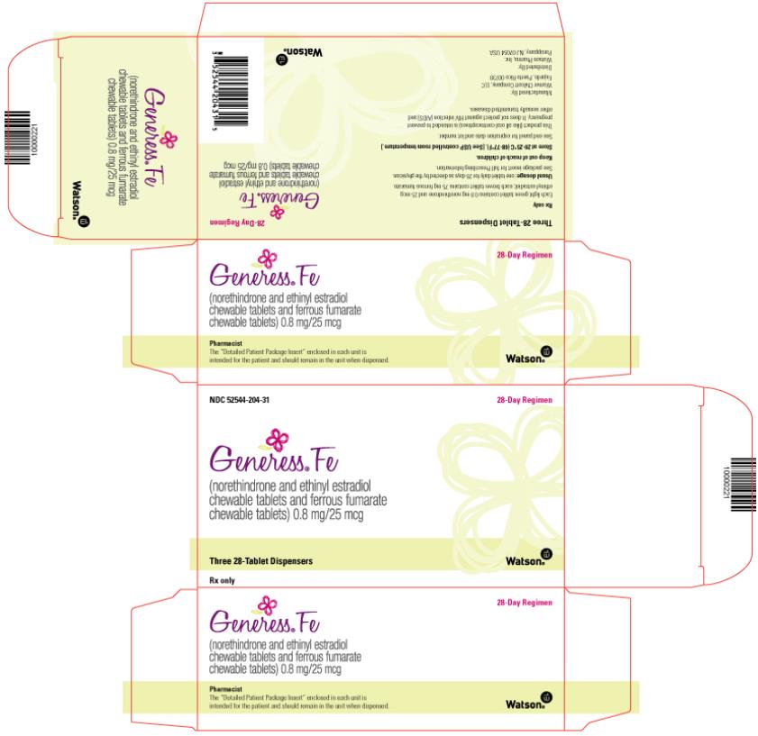 PRINCIPAL DISPLAY PANEL
Generess® Fe 
(norethindrone and ethinyl estradiol chewable tablets 
and ferrous fumarate chewable tablets) 0.8 mg/25 mcg
NDC: <a href=/NDC/52544-204-31>52544-204-31</a>
Three 28-Tablet Dispensers
Rx Only
