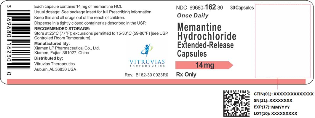 NDC: <a href=/NDC/69680-162-30>69680-162-30</a> 30 capsules Rx Only Once-Daily Memantine HCl Extended-Release Capsules 14 mg