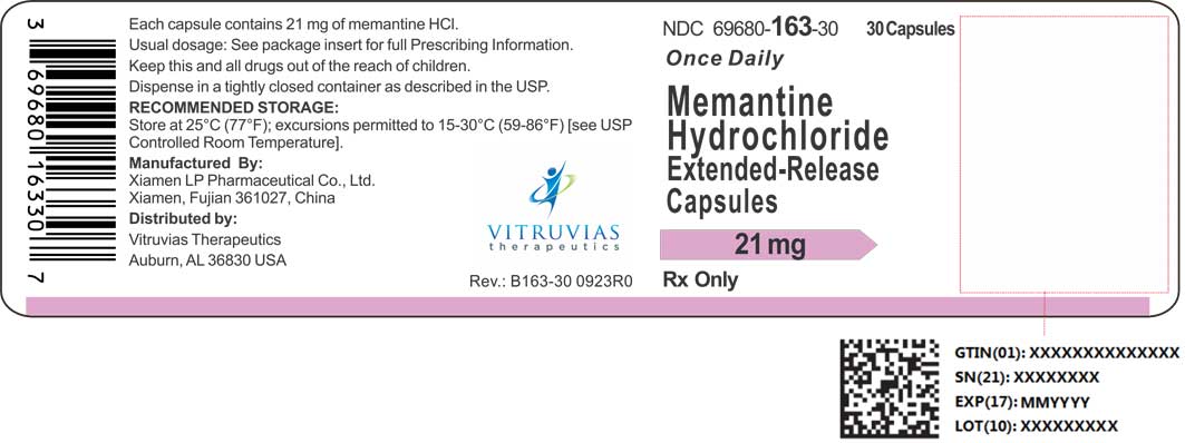 NDC: <a href=/NDC/69680-163-30>69680-163-30</a> 30 capsules Rx Only Once-Daily Memantine HCl Extended-Release Capsules 21 mg