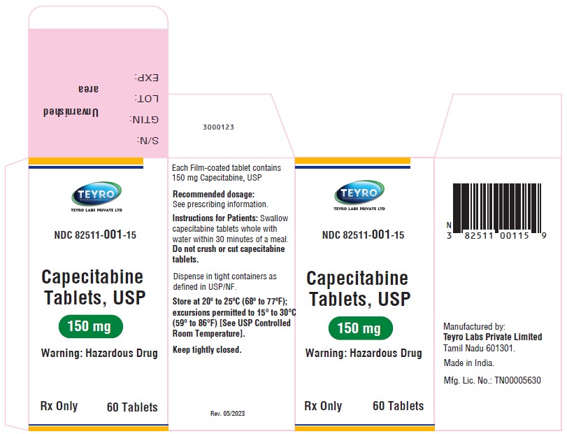 Capecitabine tablets, USP 150 mg  - NDC: <a href=/NDC/82511-001-15>82511-001-15</a> - 60 Tablets carton Label