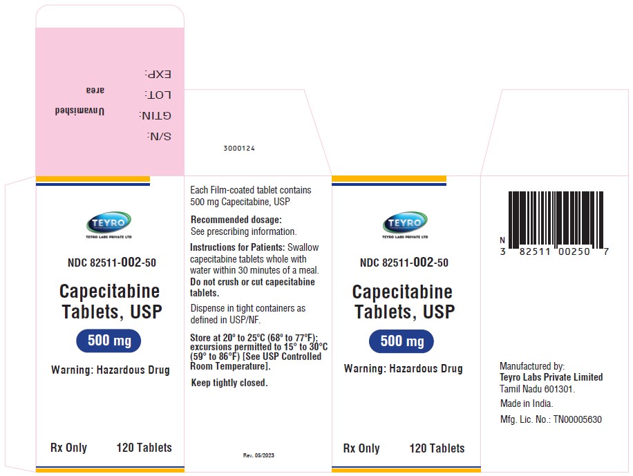 Capecitabine tablets, USP 500 mg  - NDC: <a href=/NDC/82511-002-50>82511-002-50</a> - 120 Tablets carton Label
