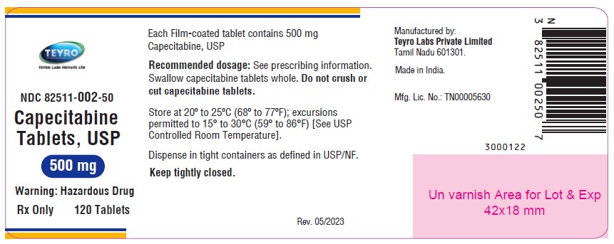 Capecitabine tablets, USP 500 mg  - NDC: <a href=/NDC/82511-002-50>82511-002-50</a> - 120 Tablets container Label