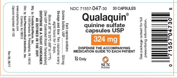Principal Display Panel
 
NDC: <a href=/NDC/71557-047-30>71557-047-30</a>
30 CAPSULES
Qualaquin ®
quinine sulfate capsules USP
324 mg
DISPENSE THE ACCOMPANYING MEDICATION GUIDE TO EACH PATIENT
Rx Only
 SUN PHARMA
