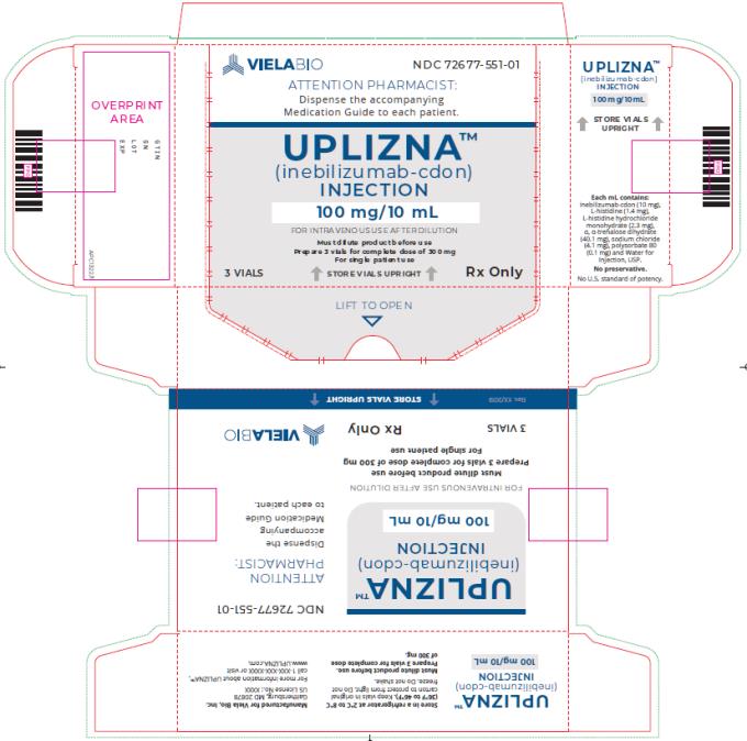 PRINCIPAL DISPLAY PANEL NDC: <a href=/NDC/72677-551-03>72677-551-03</a> UPLIZNA® (inebilizumab-cdon) INJECTION 100 mg/10 mL FOR INTRAVENOUS INFUSION AFTER DILUTION Rx Only