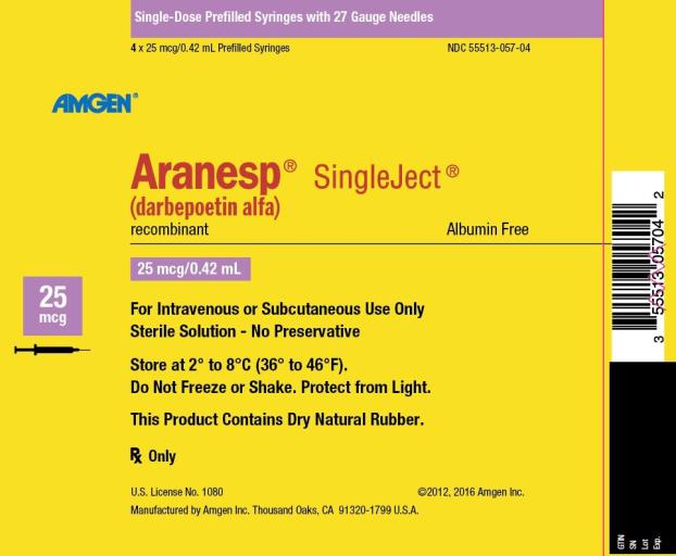 NDC: <a href=/NDC/55513-057-04>55513-057-04</a>
Single-Dose Prefilled Syringes with 27 Gauge Needles
4 x 25 mcg/0.42 mL Prefilled Syringes
AMGEN ®
Aranesp ® SingleJect ®
(darbepoetin alfa)
recombinant
Albumin Free
25 mcg
25 mcg/0.42 mL
For Intravenous or Subcutaneous Use Only
Sterile Solution – No Preservative
Store at 2° to 8°C (36° to 46°F).
Do Not Freeze or Shake.  Protect from Light.
This Product Contains Dry Natural Rubber.
Rx Only
U.S. License No. 1080
©2012, 2016 Amgen Inc.
Manufactured by Amgen Inc. Thousand Oaks, CA 91320-1799 U.S.A.
