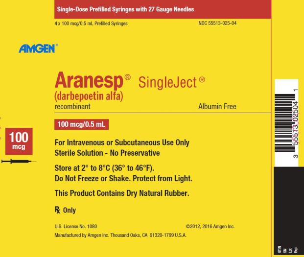 NDC: <a href=/NDC/55513-025-04>55513-025-04</a>
Single-Dose Prefilled Syringes with 27 Gauge Needles
4 x 100 mcg/0.5 mL Prefilled Syringes
AMGEN ®
Aranesp ® SingleJect ®
(darbepoetin alfa)
recombinant
Albumin Free
100 mcg
100 mcg/0.5 mL
For Intravenous or Subcutaneous Use Only
Sterile Solution – No Preservative
Store at 2° to 8°C (36° to 46°F).
Do Not Freeze or Shake.  Protect from Light.
This Product Contains Dry Natural Rubber.
Rx Only
U.S. License No. 1080
©2012, 2016 Amgen Inc.
Manufactured by Amgen Inc. Thousand Oaks, CA 91320-1799 U.S.A.
