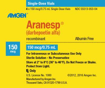 NDC: <a href=/NDC/55513-006-01>55513-006-01</a>
1 x 200 mcg/1 mL Single-Dose Vial
AMGEN ®
Aranesp ®
(darbepoetin alfa)
recombinant
Albumin Free
200 mcg
200 mcg/1 mL
Store at 2° to 8°C (36° to 46°F).
Do Not Freeze or Shake.
Protect from Light.
For IV or SC Use Only
Sterile Solution – No Preservative
Rx Only
Manufactured by Amgen Inc.
Thousand Oaks, CA 91320-1799 U.S.A.
