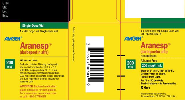 NDC: <a href=/NDC/55513-110-01>55513-110-01</a>
1 x 300 mcg/1 mL Single-Dose Vial
AMGEN ®
Aranesp ®
(darbepoetin alfa)
recombinant
Albumin Free
300 mcg
300 mcg/1 mL
Store at 2° to 8°C (36° to 46°F).
Do Not Freeze or Shake.
Protect from Light.
For IV or SC Use Only
Sterile Solution – No Preservative
Rx Only
Manufactured by Amgen Inc.
Thousand Oaks, CA 91320-1799 U.S.A.
  

