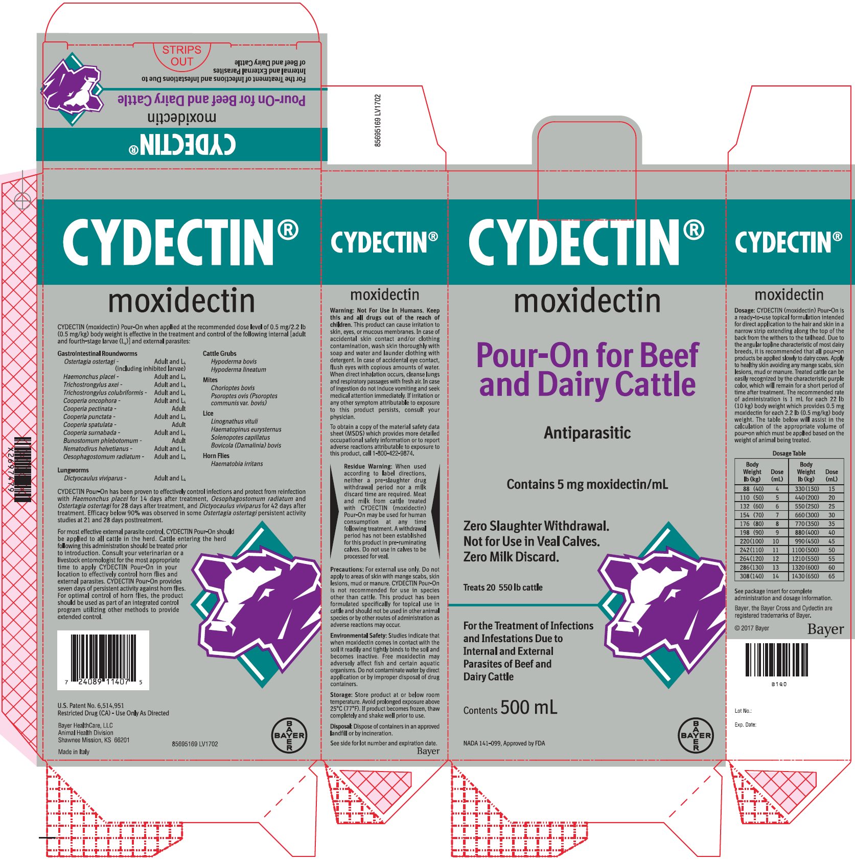 Cydectin (moxidectin) back unit label