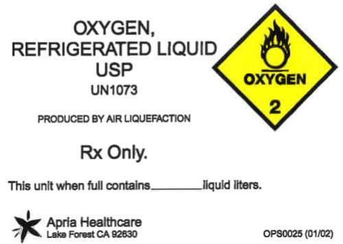 Principal Display Panel
OXYGEN,
REFRIGERATED LIQUID
USP
UN1073
PRODUCED BY AIR LIQUEFACTION
Rx Only.