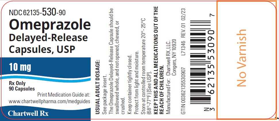 Omeprazole Delayed-Release Capsules, USP 10mg - NDC: <a href=/NDC/62135-530-90>62135-530-90</a> - 90's Bottle Label