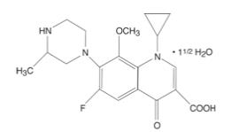 The chemical structure of ZYMAXID® is a quinolone antimicrobial topical ophthalmic solution for the treatment of bacterial conjunctivitis.  Its chemical name is (±)-1-Cyclopropyl-6-fluoro-1,4-dihydro-8-methoxy-7-(3-methyl-1-piperazinyl)-4-oxo-3-quinolinecarboxylic acid, sesquihydrate. Its molecular formula is C19H22FN3O4  1½ H2O and its molecular weight is 402.42.  