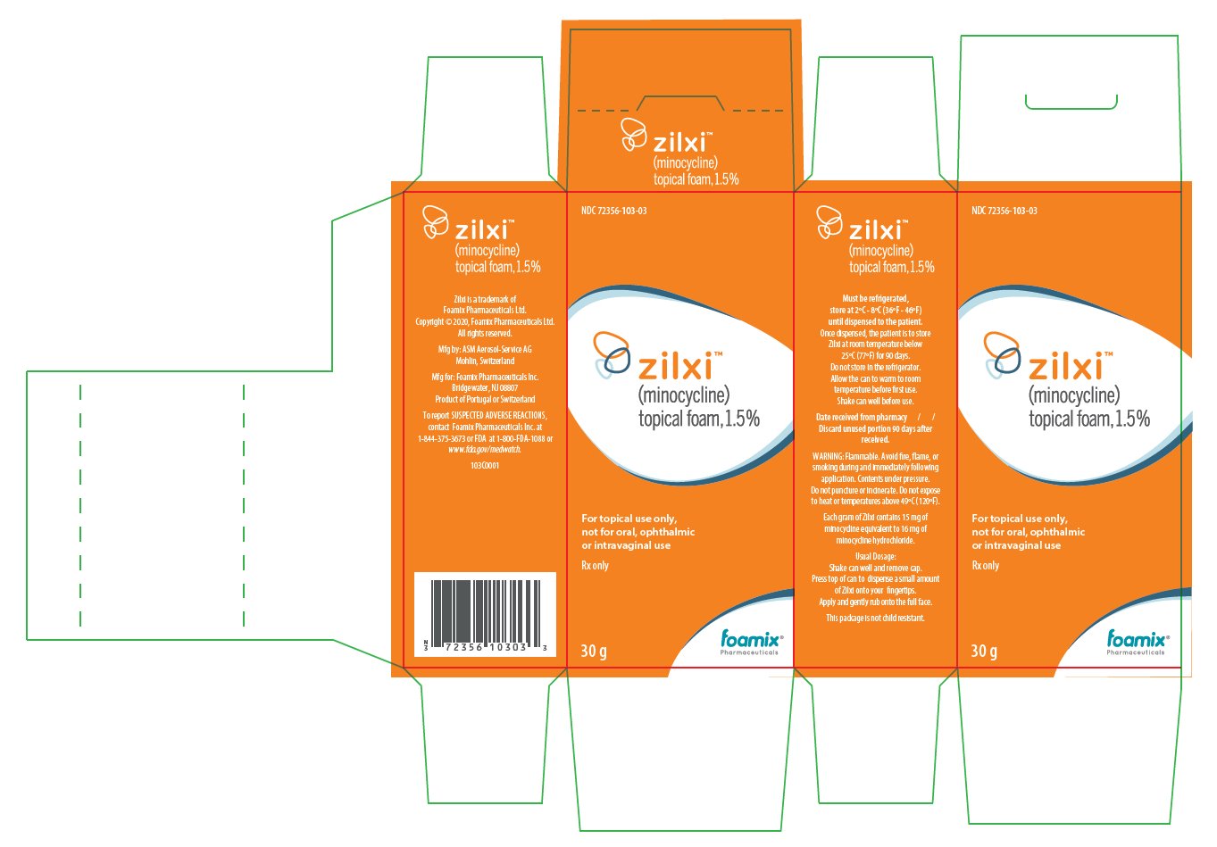 Zilxi (minocycline) topical foam, 1.5% carton label - 30 gram