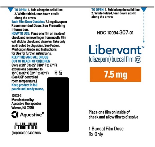 PRINCIPAL DISPLAY PANEL
Rx Only
NDC: <a href=/NDC/10094-307-01>10094-307-01</a>
Libervant
(diazepam) buccal film
7.5 mg
1 Buccal Film Dose
