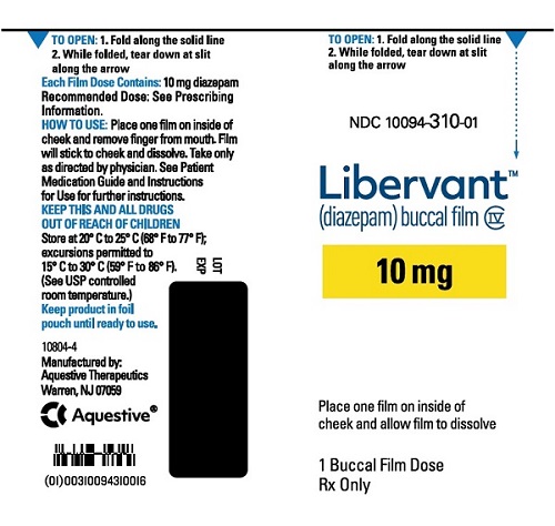 PRINCIPAL DISPLAY PANEL
Rx Only
NDC: <a href=/NDC/10094-310-01>10094-310-01</a>
Libervant
(diazepam) buccal film
10 mg
1 Buccal Film Dose
