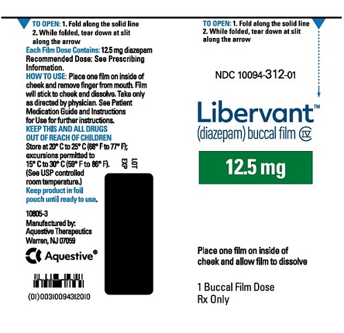 PRINCIPAL DISPLAY PANEL
Rx Only
NDC: <a href=/NDC/10094-312-01>10094-312-01</a>
Libervant
(diazepam) buccal film
12.5 mg
1 Buccal Film Dose
