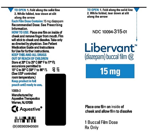 PRINCIPAL DISPLAY PANEL
Rx Only
NDC: <a href=/NDC/10094-315-01>10094-315-01</a>
Libervant
(diazepam) buccal film
15 mg
1 Buccal Film Dose

