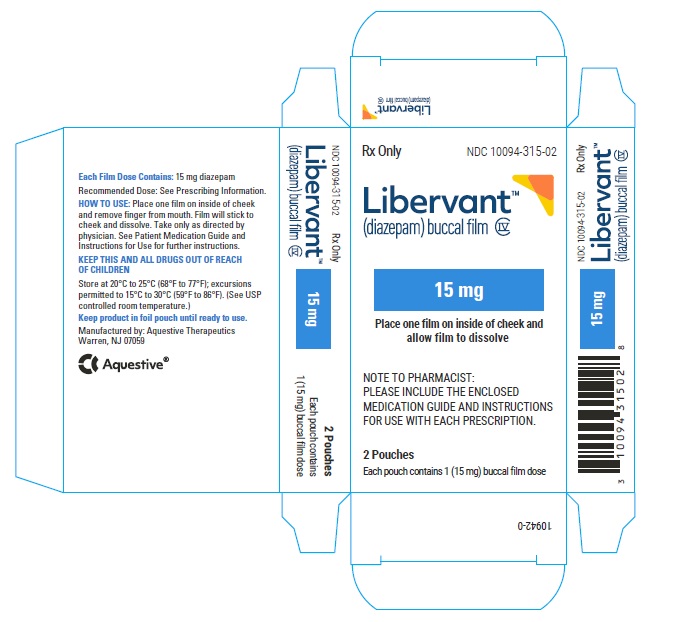 PRINCIPAL DISPLAY PANEL
Rx Only
NDC: <a href=/NDC/10094-315-02>10094-315-02</a>
Libervant
(diazepam) buccal film
15 mg
2 Pouches 
