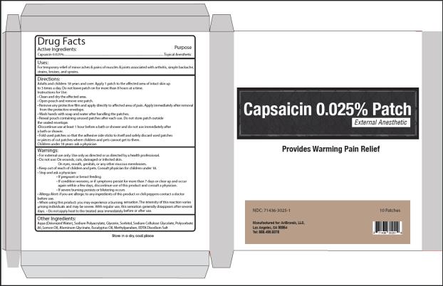 PRINCIPAL DISPLAY PANEL Capsaicin 0.025% Patch NDC: <a href=/NDC/71436-3025-1>71436-3025-1</a> 10 Patches (5 per Resealable Pouch) AriBrands, LLC