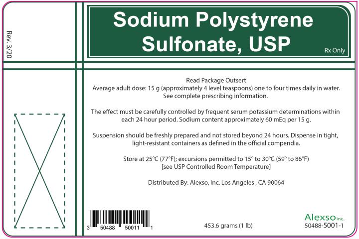 PRINCIPAL DISPLAY PANEL
- 454 g Jar Label NDC: <a href=/NDC/50488-5001-1>50488-5001-1</a>
Rx Only
Sodium Polystyrene Sulfonate, USP
Read Package Outsert
Average adult dose: 15 g (approximately 4 level Teaspoons) one to four times daily in water. See complete prescribing information.
The effect must be carefully controlled by frequent serum potassium determinations within each 24 hour period. Sodium content approximately 60 mEq per 15 g.
Suspension should be freshly prepared and not stored beyond 24 hours. Dispense in tight, light-resistant containers as defined in the official compendia.
Store at 25° C (77° F); excursions permitted to 15 to 30° C (59 to 86° F) [see USP Controlled Room Temperature]
Distributed by Alexso, Inc. Los Angeles, CA 90064
Rev: 03/20
453.6 grams (1 lb)
