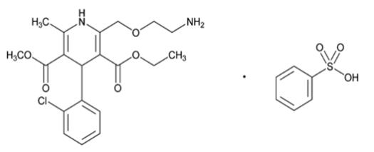The structural formula for amlodipine besylate is chemically described as 3-ethyl-5-methyl (±)-2-[(2-aminoethoxy)methyl]-4-(2-chlorophenyl)-1,4-dihydro-6-methyl-3,5-pyridinedicarboxylate, monobenzene