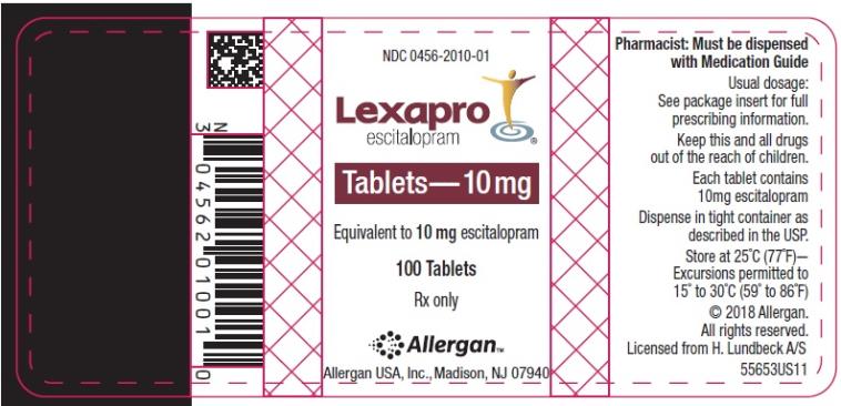 NDC: <a href=/NDC/0456-2010-01>0456-2010-01</a>
Lexapro
escitalopram oxalate
Tablets 10 mg
100 Tablets
Rx Only
