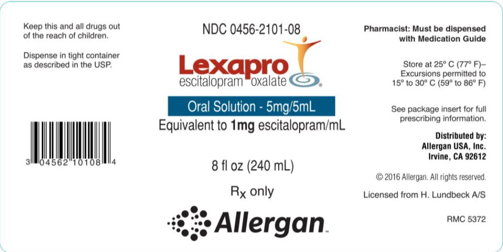 PRINCIPAL DISPLAY PANEL
NDC: <a href=/NDC/0456-2101-08>0456-2101-08</a>
Lexapro
escitalopram oxalate
Oral Solution 5 mg/5mL
8 fl oz (240 mL)
Rx Only
