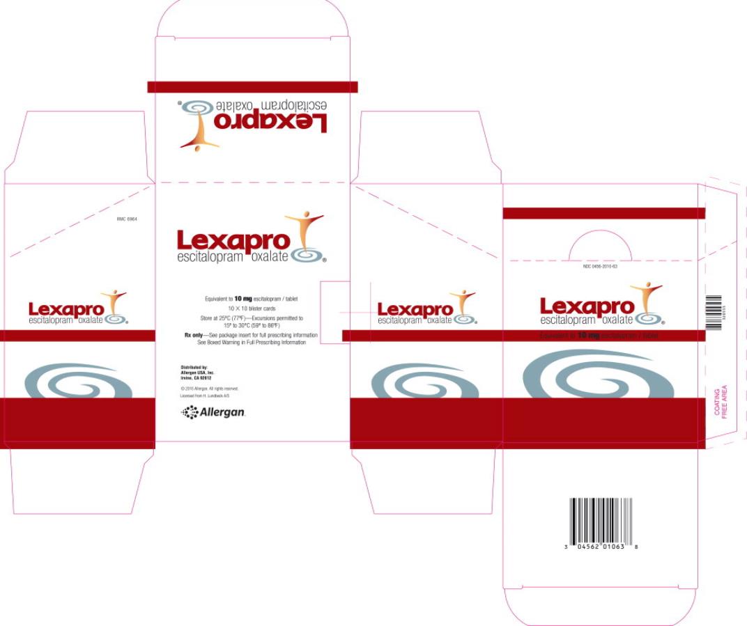 PRINCIPAL DISPLAY PANEL
NDC: <a href=/NDC/0456-2010-63>0456-2010-63</a>
Lexapro
escitalopram oxalate
Equivalent to 10 mg escitalopram/tablet
Rx Only
