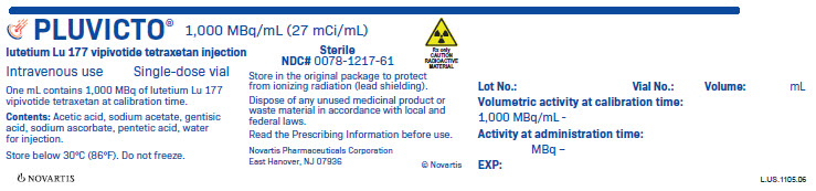 PRINCIPAL DISPLAY PANEL
								PLUVICTO®
								1,000 MBq/mL (27 mCi/mL)
								lutetium Lu 177 vipivotide tetraxetan injection
								Intravenous use Single-dose vial
								Sterile
								NDC# 0078-1217-61
								Rx Only
								NOVARTIS