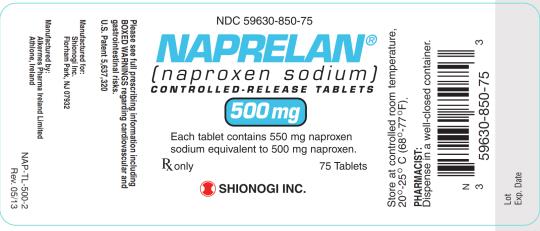 NDC: <a href=/NDC/59630-850-75>59630-850-75</a>
NAPRELAN
(naproxen sodium)
CONTROLLED-RELEASED TABLETS
500 mg
Rx only 75 Tablets
SHIONOGI INC
