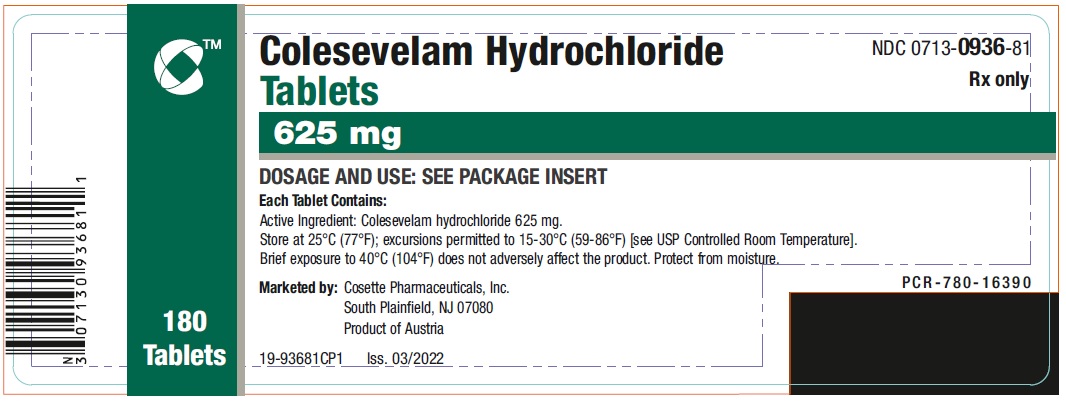PRINCIPAL DISPLAY PANEL NDC: <a href=/NDC/0713-0936-81>0713-0936-81</a> Colesevelam Hydrochloride Tablets 625 mg 180 Tablets