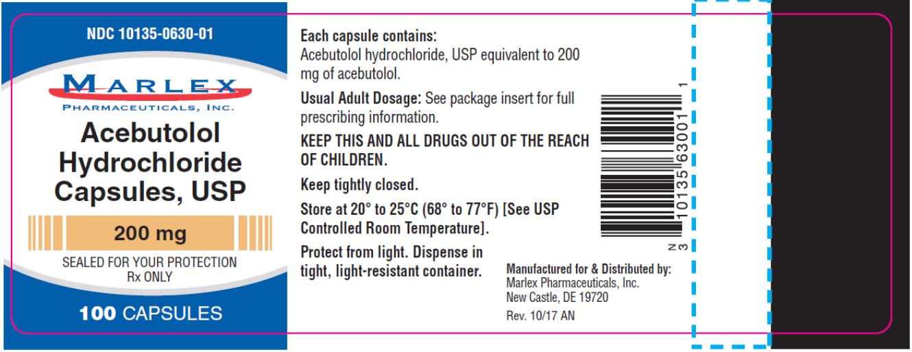 PRINCIPAL DISPLAY PANEL
NDC: <a href=/NDC/10135-0630-0>10135-0630-0</a>1
Acebutolol 
Hydrochloride
Capsules, USP
200 mg
100 CAPSULES
Rx Only
