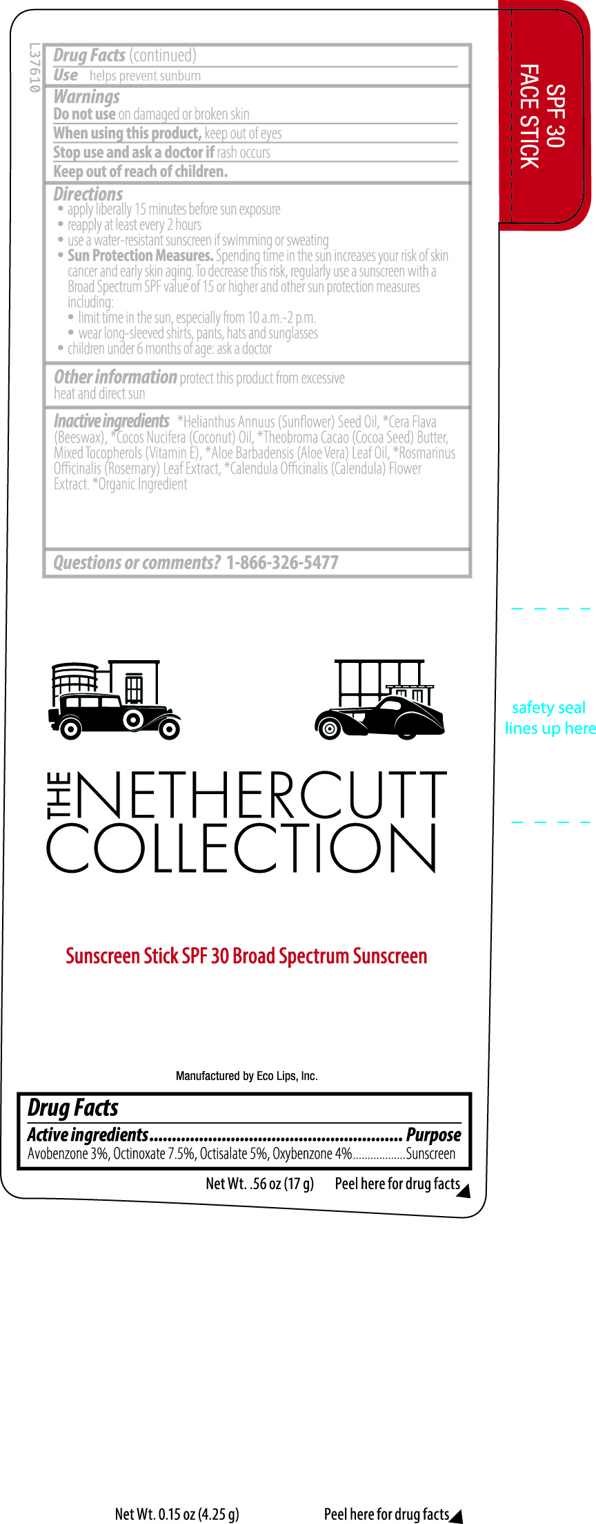 Nethercutt Collection Sunscreen Stick SPF 30 Broad Spectrum Sunscreen .56 oz label
