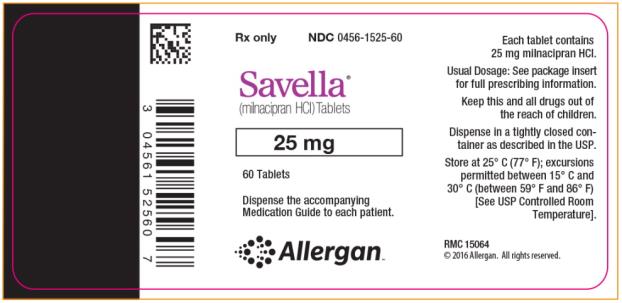 PRINCIPAL DISPLAY PANEL
Rx Only
NDC: <a href=/NDC/0456-1525-60>0456-1525-60</a>
Savella
(milnacipran HCI) Tablets
25 mg
60 Tablets
