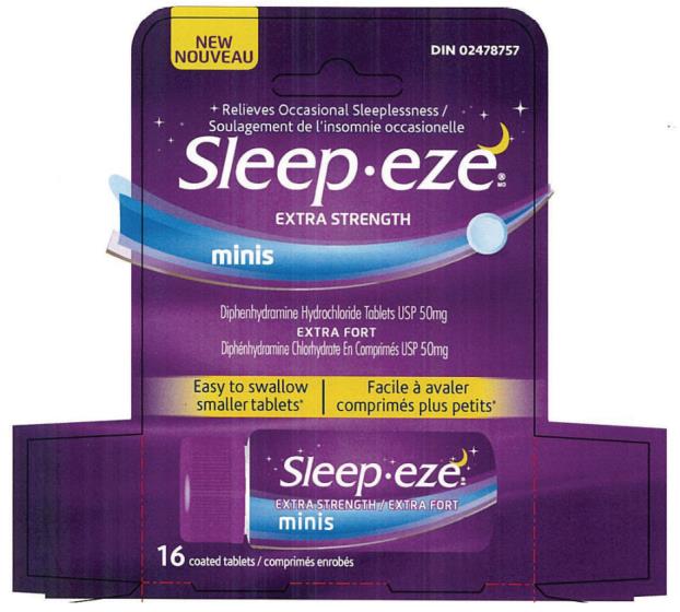 PRINCIPAL DISPLAY PANEL

Sleepeze® MD
extra strength minis
DIPHENHYDRAMINE HYDROCHLORIDE TABLETS USP 50 mg

extra fort
DIPHÉNHYDRAMINE CHLORHYDRATE EN COMPRIMÉ USP 50 mg
nighttime sleep aid / la solution contre insomnie

16 coated tablets/ comprimes enrobes


DIN 02478757
