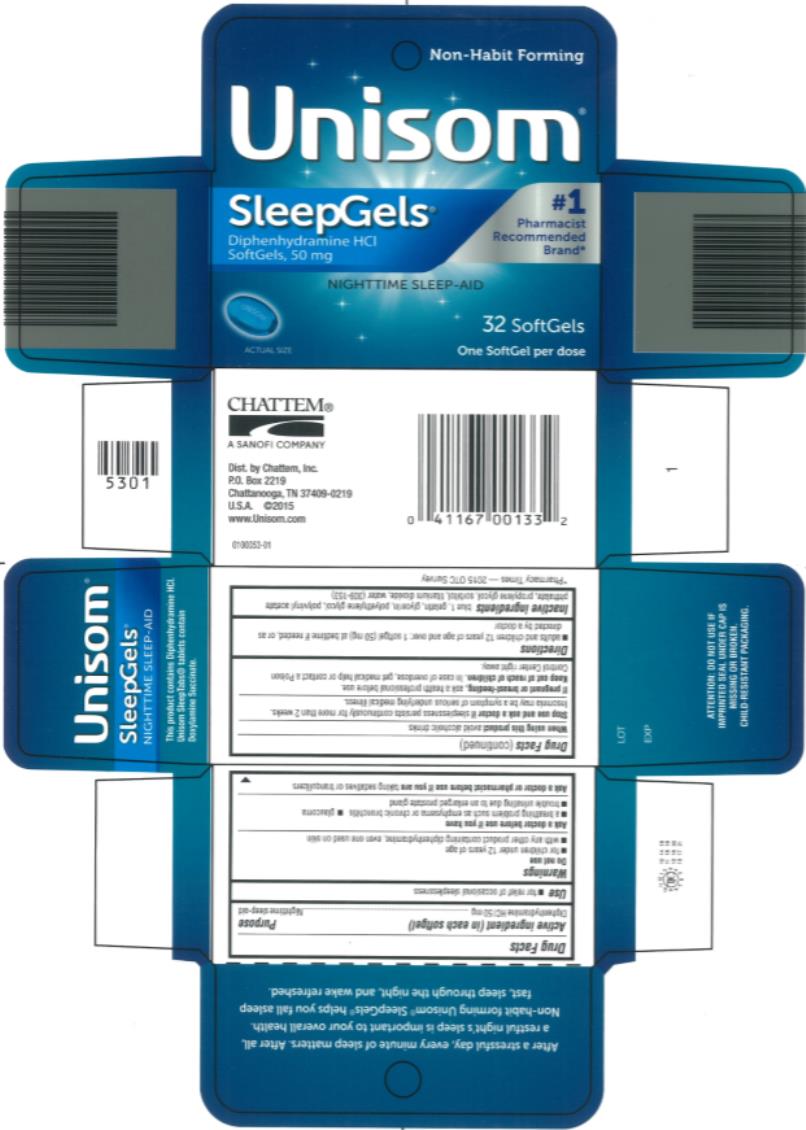 Unisom
#1 Pharmacist Recommended Brand*
SleepGels
Diphenhydramine HCI 
SoftGels, 50 mg
NIGHTTIME SLEEP-AID
32 SoftGels
One SoftGel per dose

