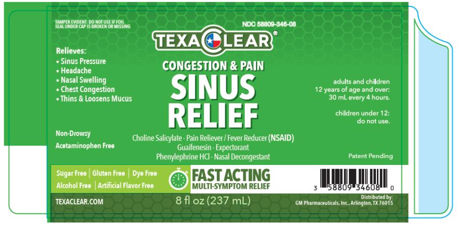 PRINCIPAL DISPLAY PANEL
NDC: <a href=/NDC/58809-346-08>58809-346-08</a>
TEXACLEAR 
Congestion & Sinus Pain Relief
8 fl oz(237 mL)
