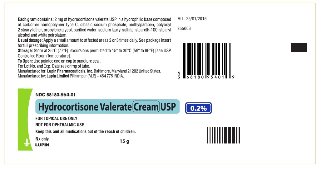 Hydrocortisone Valerate Cream USP, 0.2%
15 g
Tube label 
NDC: <a href=/NDC/68180-954-01>68180-954-01</a>
							Rx only