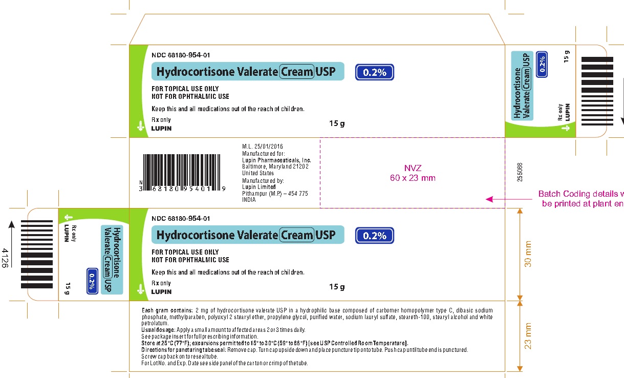 Hydrocortisone Valerate Cream USP, 0.2%
15 g
Carton label 
NDC: <a href=/NDC/68180-954-01>68180-954-01</a>
							Rx only