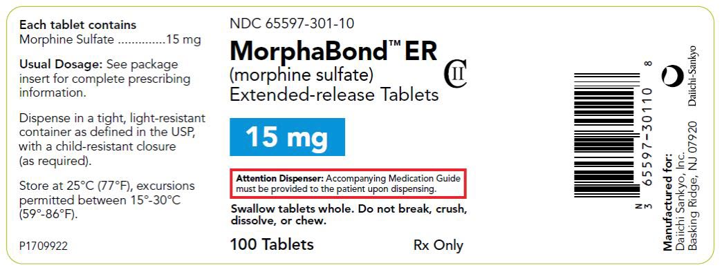 PRINCIPAL DISPLAY PANEL NDC: <a href=/NDC/65597-301-10>65597-301-10</a> MorphaBond ER (morphine sulfate) Extended-release Tablets 15 mg 100 Tablets Rx Only