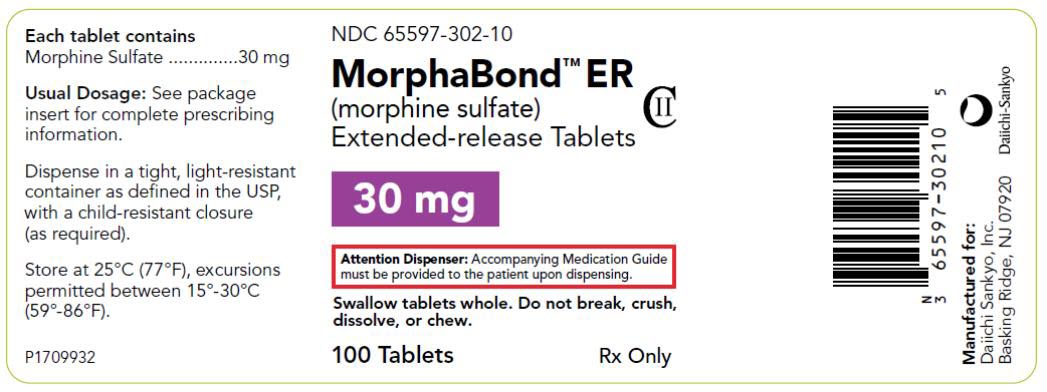 PRINCIPAL DISPLAY PANEL NDC: <a href=/NDC/65597-302-10>65597-302-10</a> MorphaBond ER (morphine sulfate) Extended-release Tablets 30 mg 100 Tablets Rx Only