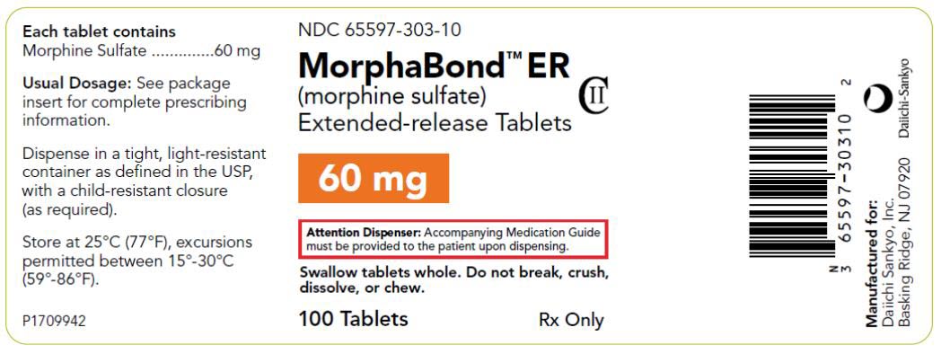 PRINCIPAL DISPLAY PANEL NDC: <a href=/NDC/65597-303-10>65597-303-10</a> MorphaBond ER (morphine sulfate) Extended-release Tablets 60 mg 100 Tablets Rx Only