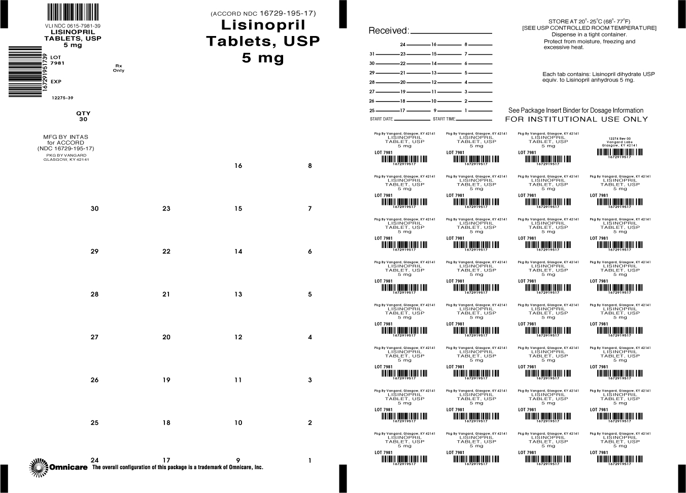 Lisinopril 5mg bingo card label