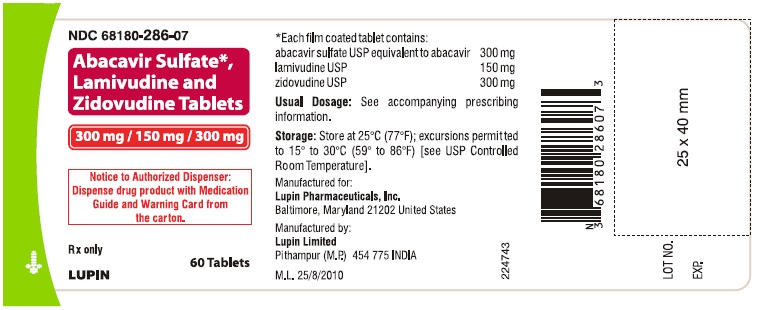 NDC: <a href=/NDC/68180-286-07>68180-286-07</a>

ABACAVIR SULFATE, LAMIVUDINE AND ZIDOVUDINE TABLETS 
300 mg 150 mg 300 mg
TABLETS
Rx only
			Bottle Label: 60 Tablets